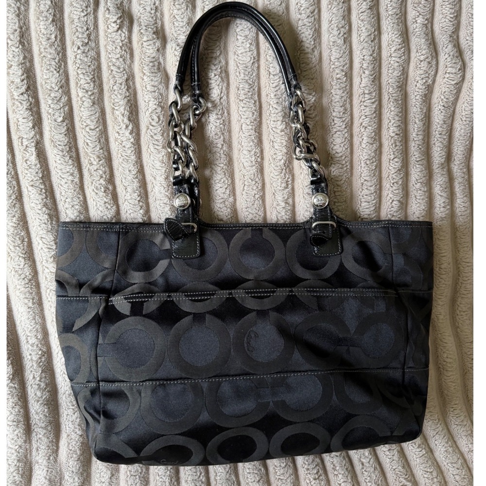 Coach Madison Op Art Black Satin Large Tote Bag Patent Trim 14133 - Picture 2 of 14